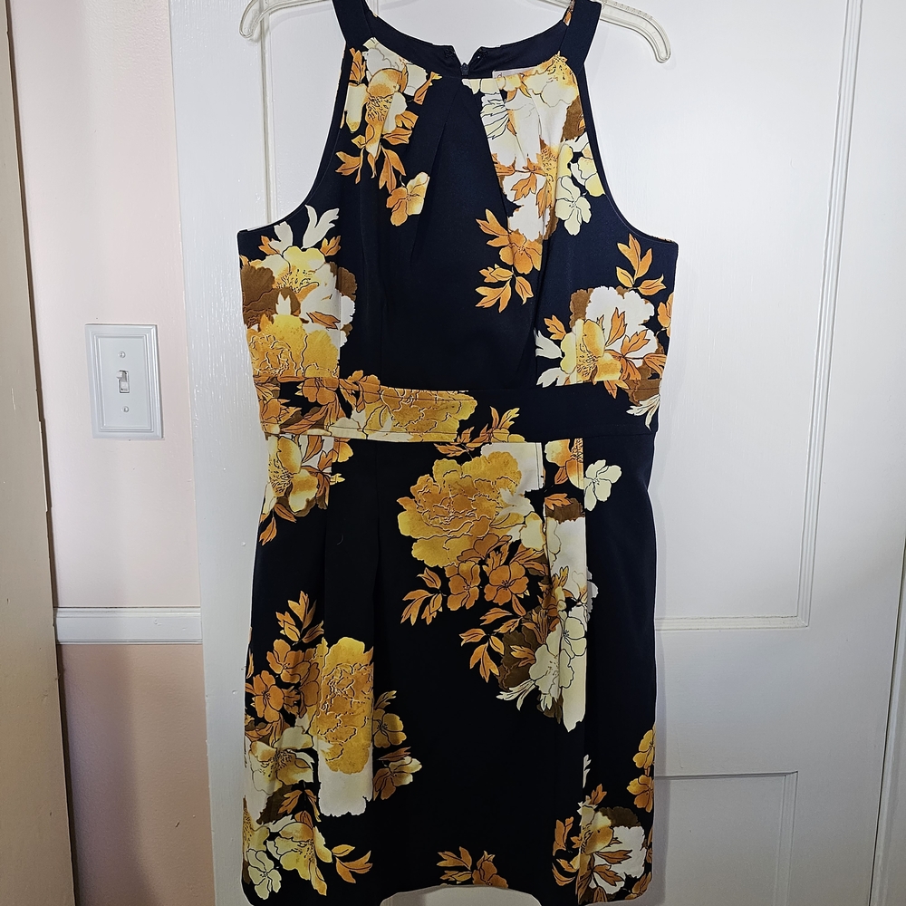 dressbarn Navy and Gold Floral Mini Dress